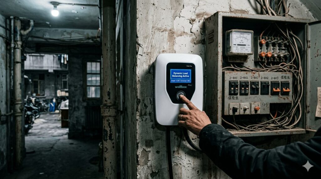 Load balancing EV chargers 2026 avoid tripping breakers in old Chinese apartment blocks by dynamically adjusting current from ageing 1990s electrical panels—shown here with a modern smart charger installed beside a vintage circuit breaker box in a 老旧小区.