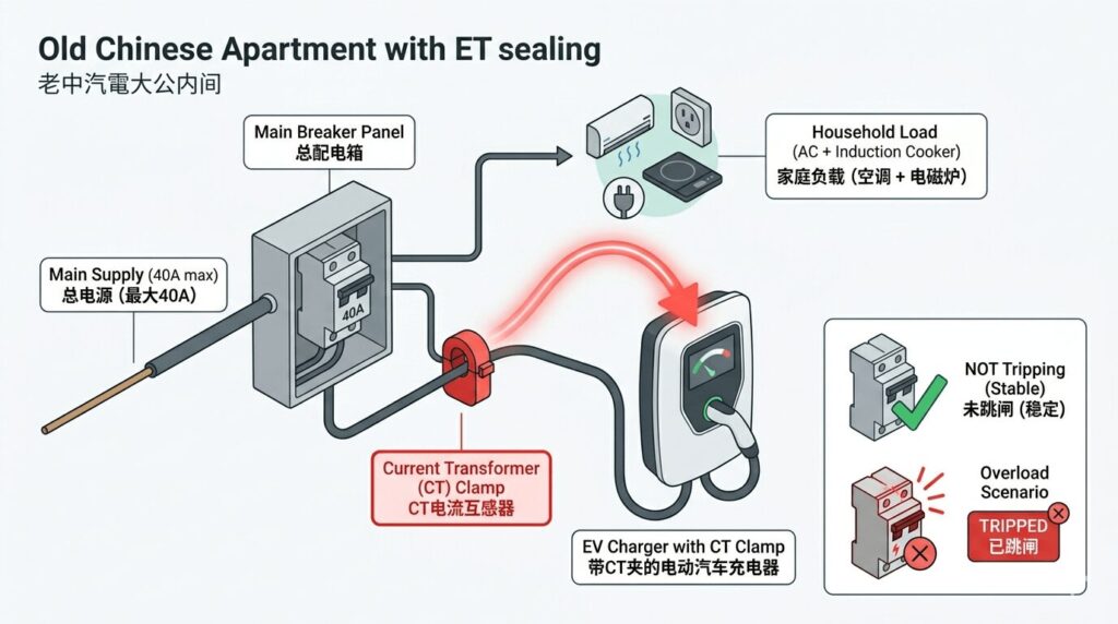 Diagram showing how load balancing EV chargers 2026 avoid tripping breakers in old Chinese apartment blocks using a CT clamp to monitor total household current and automatically reduce charging speed when air conditioning or cooking loads peak on a shared 40A circuit.