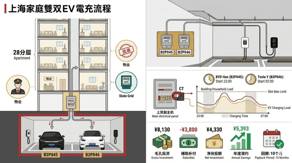 Case study Shanghai family with two EVs BYD and Tesla charging setup in a high-rise—infographic showing the complete installation journey from 物业 approval and State Grid meter installation through load balancing CT clamp configuration to financial breakdown with ¥4,330 net investment and 10-month payback period for this Changning District dual EV home charging project