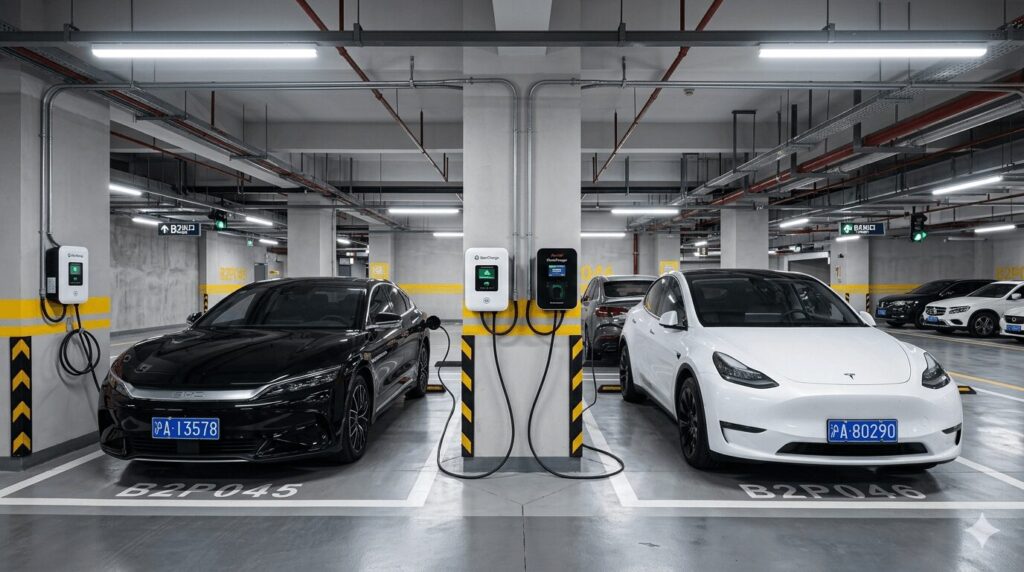 Case study Shanghai family with two EVs BYD and Tesla charging setup in a high-rise—a sleek black BYD Han EV and white Tesla Model Y charge simultaneously on adjacent parking spaces in a Changning District underground car park, with StarCharge and Autel wall-mounted chargers connected and operational