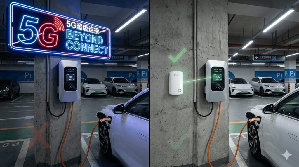 Honest comparison for best smart connectivity WiFi 5G digital yuan payments in Chinese smart chargers showing why 5G is overhyped for home use while a simple Wi-Fi extender in an underground parking garage provides reliable connectivity for Chinese EV owners in 2026.