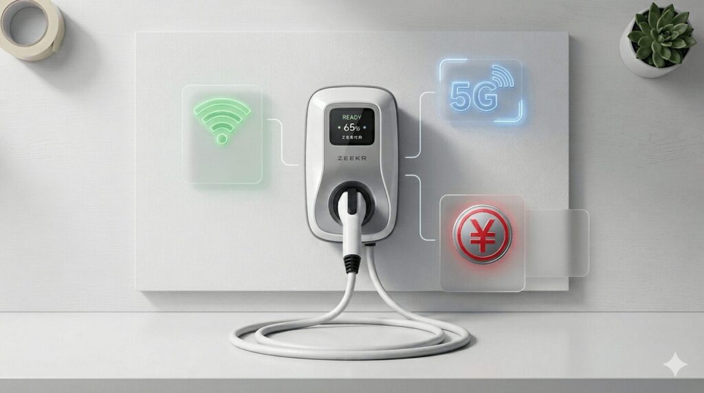 Best smart connectivity WiFi 5G digital yuan payments in Chinese smart chargers featured visual showing a wall-mounted EV charger surrounded by Wi-Fi, 5G, and e-CNY payment icons on a clean workbench in a modern Chinese home garage setting for 2026.