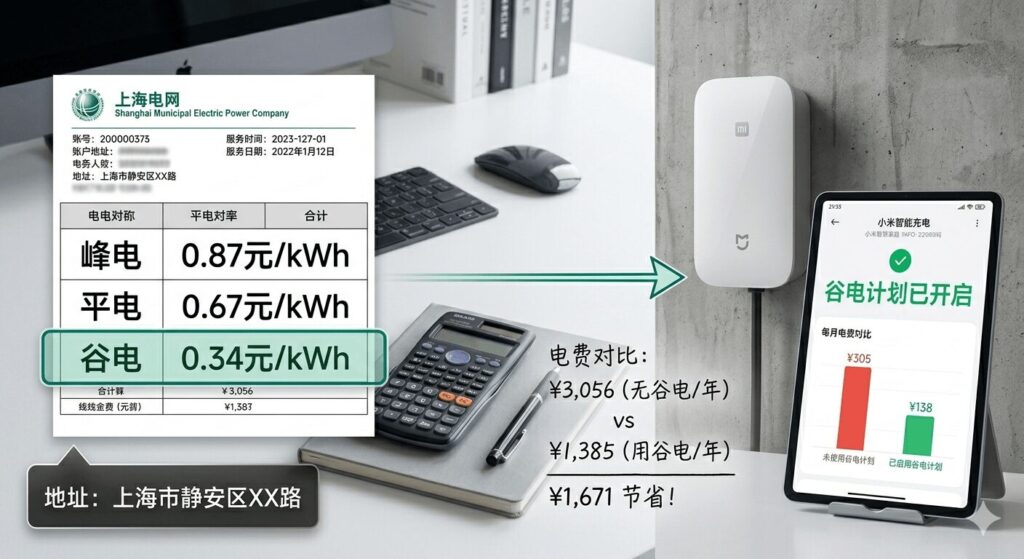 time-of-use EV charging savings smart chargers that exploit cheaper night rates in China – State Grid electricity bill showing Shanghai valley rate 0.34 yuan per kWh with Xiaomi EV charger and Mi Home valley plan enabled alongside calculator showing annual saving 1671 yuan