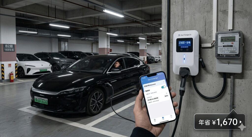 time-of-use EV charging savings smart chargers that exploit cheaper night rates in China – Shanghai underground garage with StarCharge S1 smart charger smartphone app showing 23:00 valley schedule connected to BYD Han with annual saving callout 1670 yuan