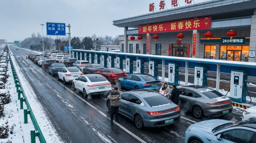 Spring Festival rush how to handle EV charging demand during China's largest holiday migration: a wide documentary view of a crowded expressway service area during Chunyun, showing long orderly queues of BYD, NIO, and Tesla EVs waiting at State Grid fast chargers under winter skies with festive red lanterns and drivers preparing for their holiday road trips.
