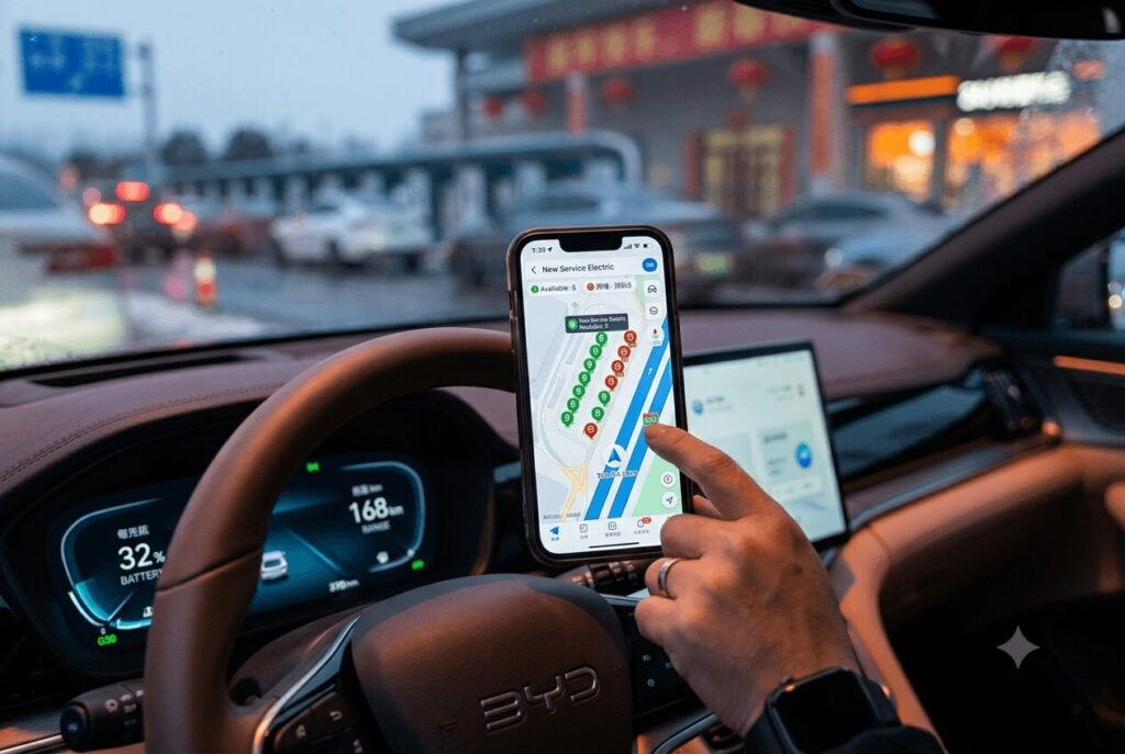Spring Festival rush how to handle EV charging demand during China's largest holiday migration: a close-up of a driver's smartphone showing real-time charger availability and queue-status indicators on a navigation app inside a BYD EV, illustrating the essential multi-app monitoring strategy for bypassing congested stations during peak Chunyun travel.