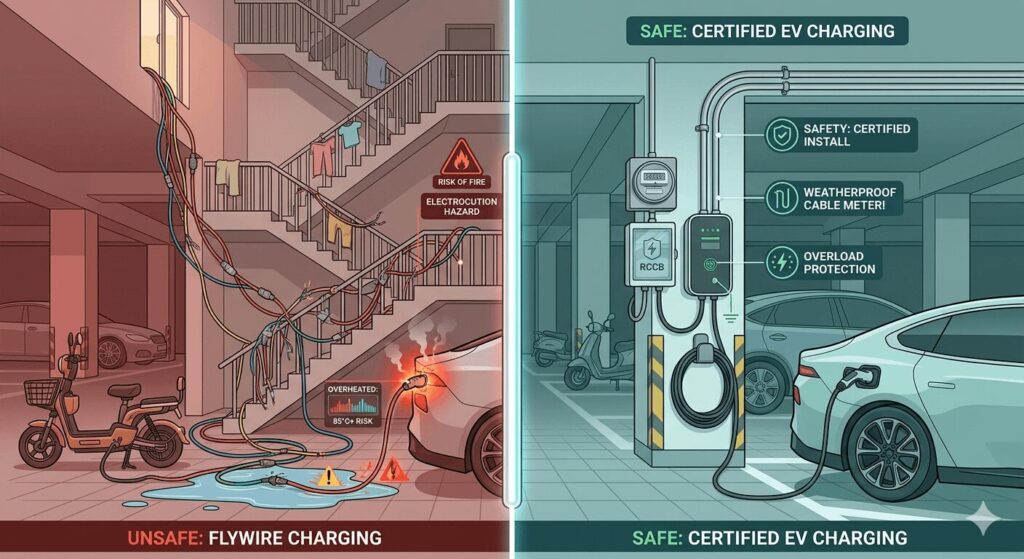 China apartment flywire charging is it safe legal solutions for lower ground parking — an educational split-comparison illustration contrasting the unsafe flywire setup with daisy-chained extension cords, exposed cable joins, and fire escape obstruction on the left, against a proper certified basement EV charging station installation with dedicated meter, RCCB protection, and weatherproof cable management on the right, visually demonstrating the safety and legal alternatives discussed in this 2026 Chinese EV owner's guide.