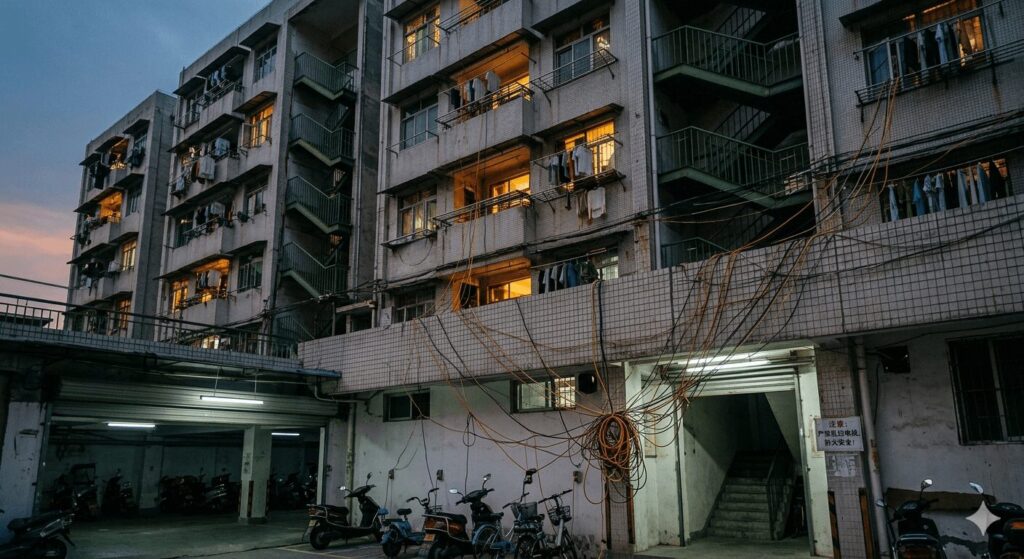 China apartment flywire charging is it safe legal solutions for lower ground parking — a realistic documentary photograph showing multiple electrical extension cords dangling from apartment balconies and windows, running down the building exterior and across walkways to electric vehicles parked in the basement-level parking area, with tangled cables near a fire escape entrance highlighting the safety and legal concerns examined in this comprehensive 2026 guide for Chinese EV owners.