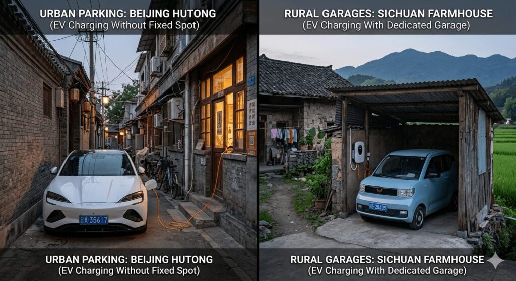 Split-scene visual comparison of urban parking vs rural garages how Chinese homeowners install EV chargers without a fixed spot: left shows Beijing hutong street charging from a window, right shows Sichuan farmhouse courtyard with wall-mounted charger.