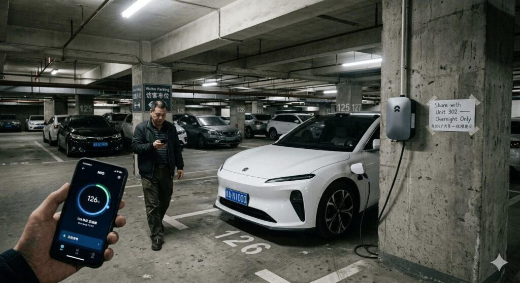 Underground compound parking garage showing a time-share charging arrangement for urban parking vs rural garages how Chinese homeowners install EV chargers without a fixed spot: a numbered space with a wall charger and a shared-use note for overnight parking.