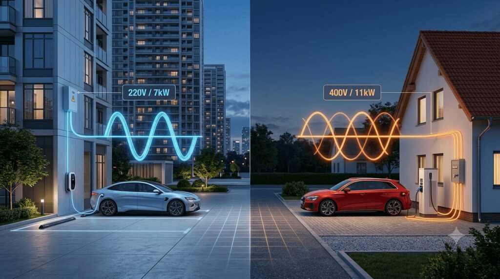 Featured image contrasting Chinese high-rise single-phase 220V 7kW charging against European house three-phase 400V 11kW charging, visualizing the infrastructure divide covered in the guide three-phase power for homes Europe has it why doesn't China use it for home charging.