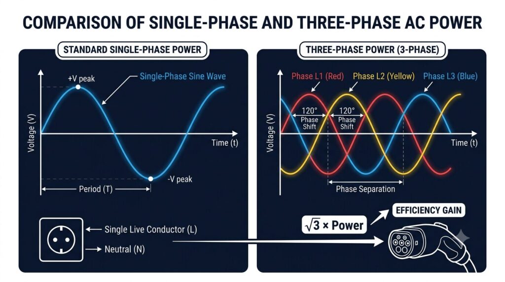 Technical waveform diagram explaining the difference between Chinese single-phase and European three-phase AC electricity for EV chargers, directly supporting the physics discussion in three-phase power for homes Europe has it why doesn't China use it for home charging.