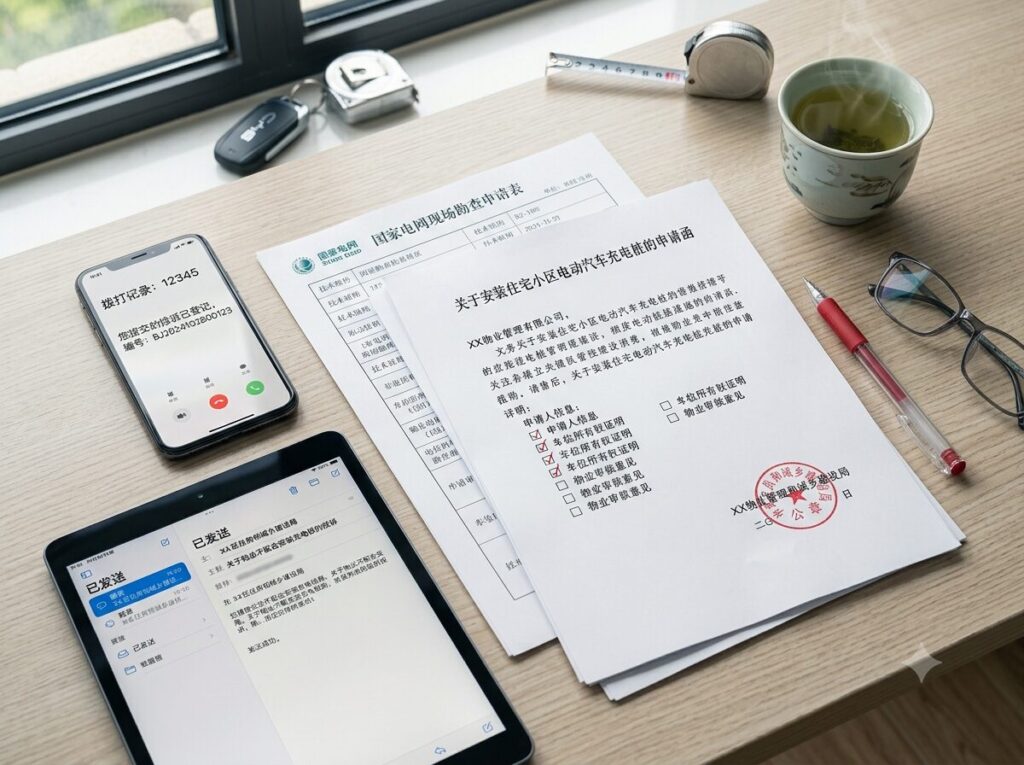 This body image shows the essential documentation and escalation tools—formal applications, the 12345 hotline, and housing authority correspondence—that are critical to understanding how to get permission to install a charger in a Chinese apartment the legal loopholes framework requires proper record-keeping and timely escalation through official government channels to overcome 物业 obstruction.