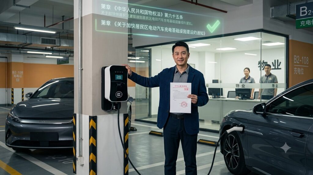 A Chinese homeowner stands beside his new EV charger in an apartment parking garage, holding a government-approved document—visually representing how to get permission to install a charger in a Chinese apartment the legal loopholes are actually established legal rights, not tricks, and this formal approval process works when properly invoked.