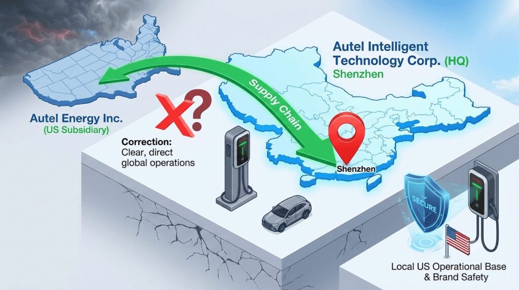 Infographic clarifying is Autel safe to buy the fate of US brands operating in China amidst trade tensions, showing Autel's Shenzhen headquarters versus its US subsidiary operations to correct the US-brand misconception.