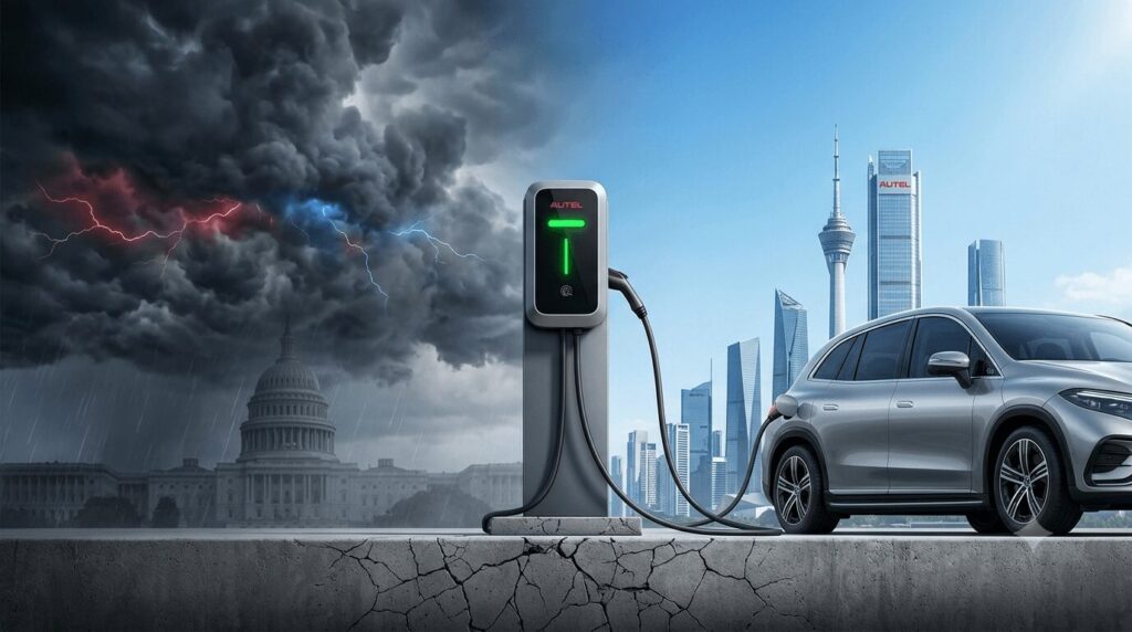 Featured image visualising is Autel safe to buy the fate of US brands operating in China amidst trade tensions, showing the Autel MaxiCharger standing resilient in Shenzhen, China against a dramatic US-China trade storm backdrop.