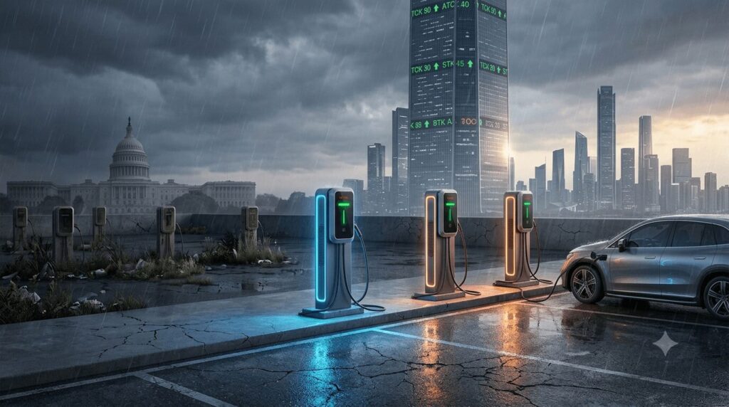 A resilient EV charging plaza in China highlighting the big four Chinese charger manufacturers who will survive the 2026 recession, contrasted against abandoned units in the background.