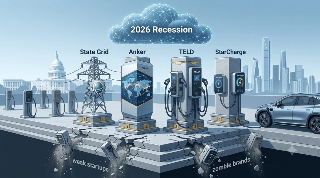 An isometric infographic featuring the four reinforced pillars of the big four Chinese charger manufacturers who will survive the 2026 recession, while weaker competitors crumble around them.