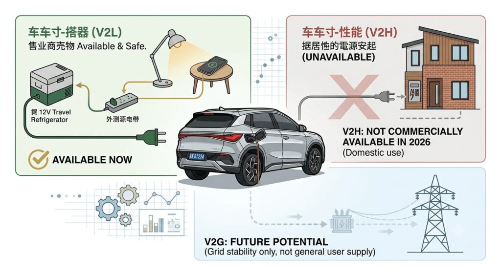 V2G in China 2026 can your BYD Atto 3 power your home during a blackout — infographic comparing V2L (available), V2H (not yet available), and V2G (future) for the BYD Atto 3 in China’s domestic market.