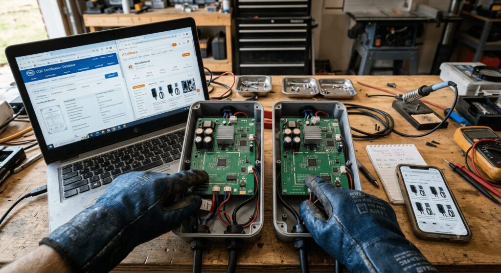 rebranded chargers how to tell if your premium charger is just a cheap OEM unit — body image showing hands-on EV charger teardown investigation with identical internal PCBs, certification database check, and 1688 wholesale price research