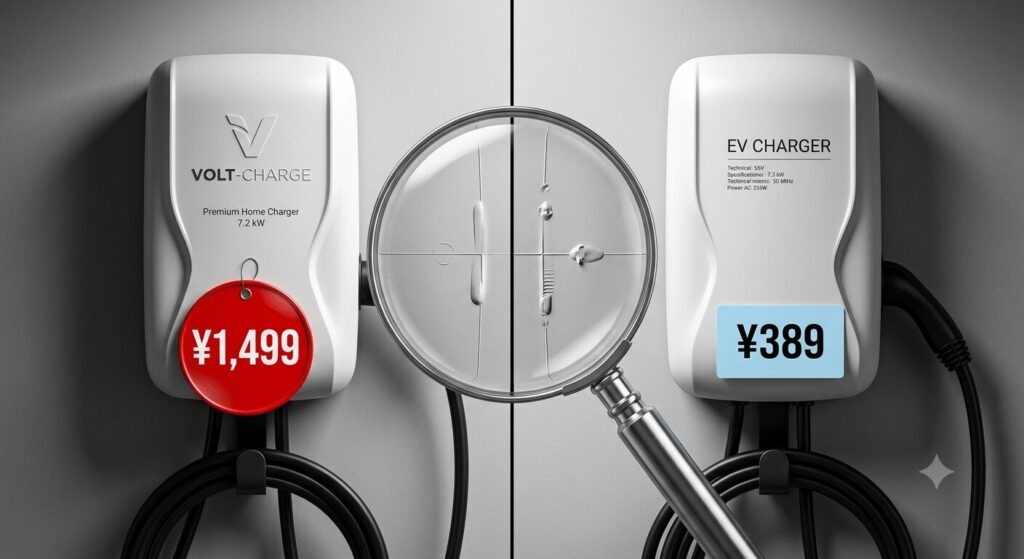 rebranded chargers how to tell if your premium charger is just a cheap OEM unit — featured guide image showing side by side comparison of identical premium and budget EV chargers with magnifying glass revealing shared OEM tooling marks