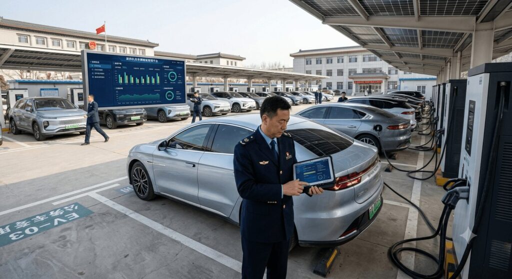 Public sector opportunity guide to China's 25 percent government fleet charging mandate — a government official monitors charging session data and compliance metrics on a tablet at a dedicated fleet charging bay, with multiple NEV official vehicles charging in the background at a government compound station, illustrating the operational reality of the mandate's infrastructure requirements.