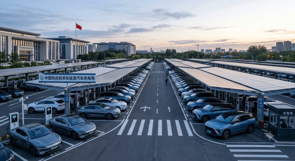 Public sector opportunity guide to China's 25 percent government fleet charging mandate — wide-angle view of a Chinese government compound parking facility with rows of NEV official vehicles parked under solar carports, multiple AC and DC charging points installed in orderly rows, and intelligent charging management displays, conveying the institutional-scale infrastructure deployment required by the mandate.