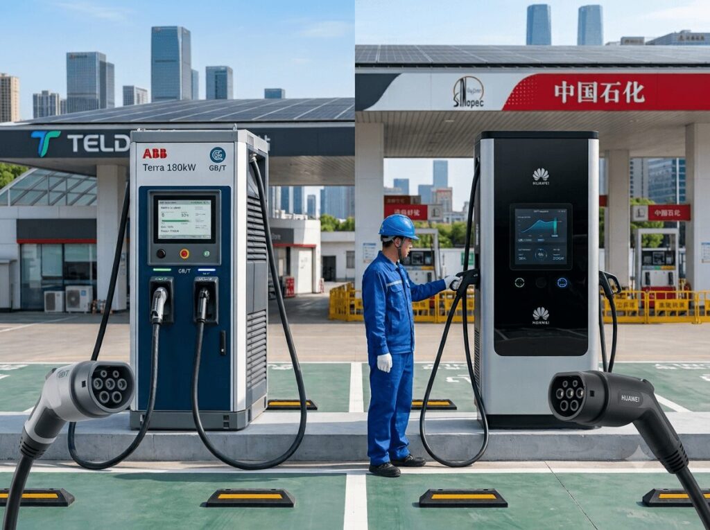 Side-by-side comparison of ABB and Huawei commercial DC fast chargers installed at a converted forecourt, showing the equipment options relevant to how to choose commercial DC fast chargers for your Chinese gas station conversion.