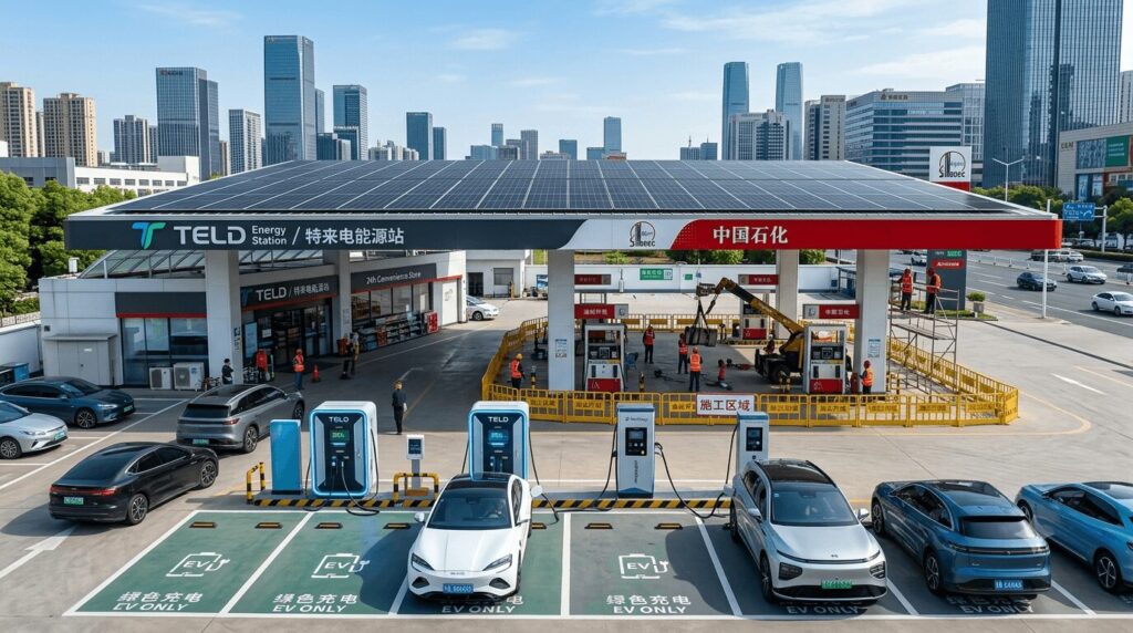 Aerial drone view of a Chinese petrol station transitioning to an EV hub with solar panels and commercial DC chargers, visualizing how to choose commercial DC fast chargers for your Chinese gas station conversion.