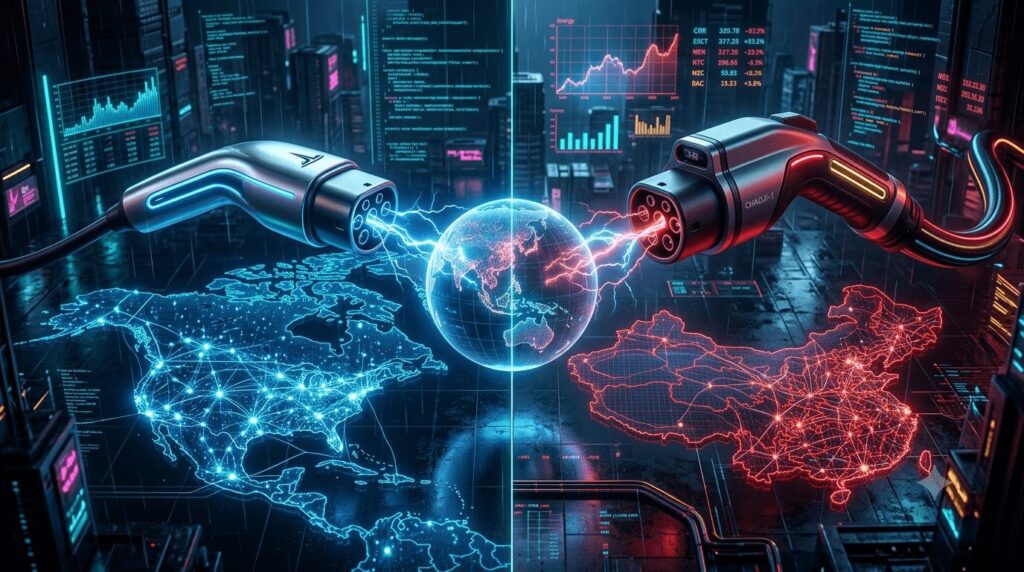 Featured visual for Tesla's NACS vs China's ChaoJi ChaoJi-1 the future super-standard battle, showing the compact NACS connector over North America facing off against the larger liquid-cooled ChaoJi-1 connector over China, with lightning bolts over a global map indicating the contested emerging markets.