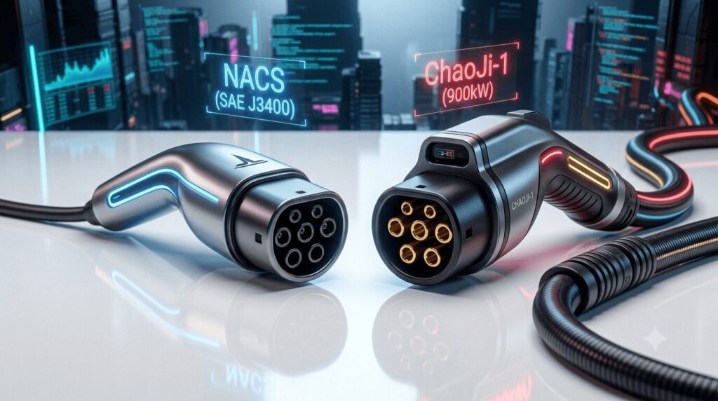 Side-by-side physical comparison in Tesla's NACS vs China's ChaoJi ChaoJi-1 the future super-standard battle, highlighting the NACS connector's compact size and thin cable against the ChaoJi-1 connector's larger form factor and thicker liquid-cooled cable designed for 900kW ultra-fast charging.