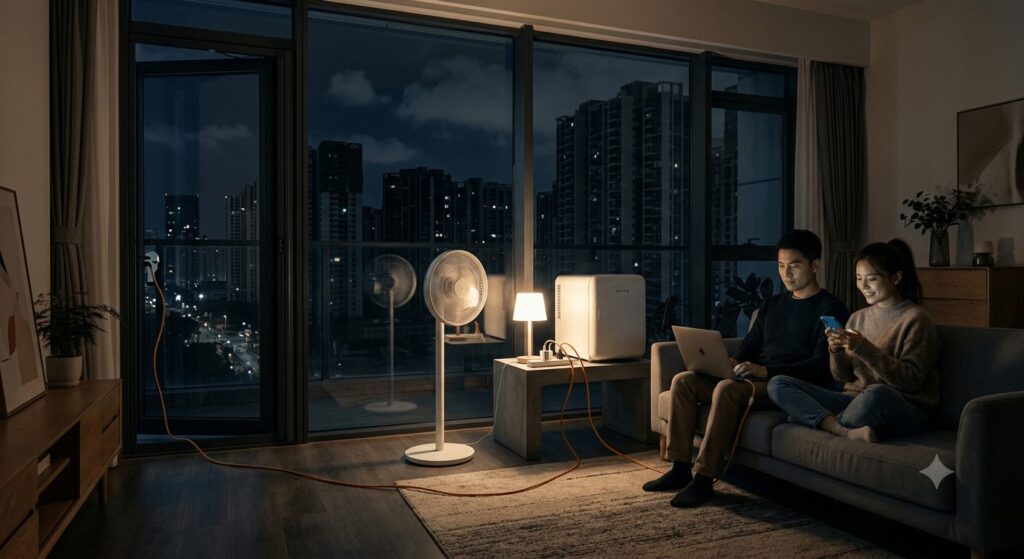 vehicle to load V2L vs V2G what Chinese campers and homeowners actually need body image illustrating a Chinese EV powering a home fan, refrigerator, and lamp through a V2L adapter cable during an urban blackout in a modern apartment.