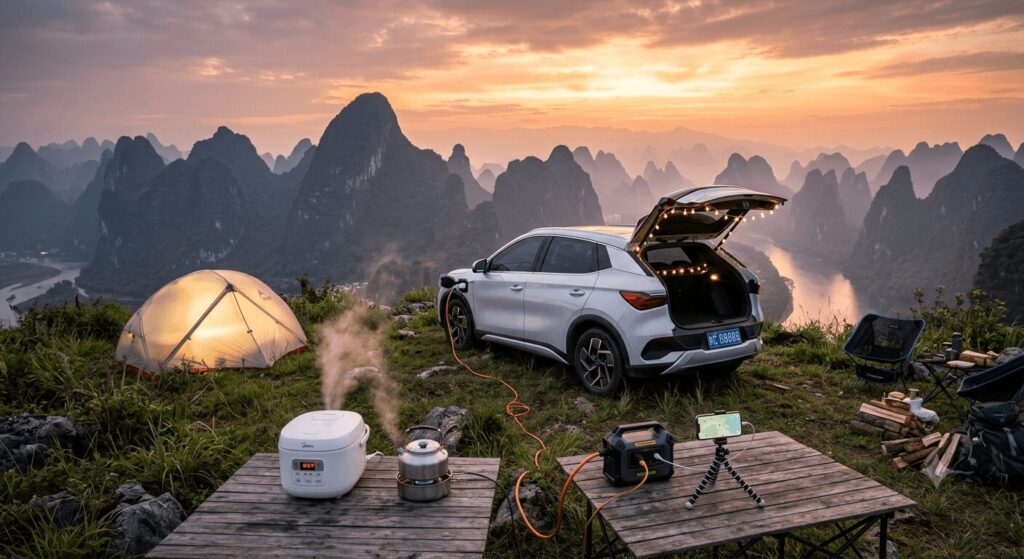 vehicle to load V2L vs V2G what Chinese campers and homeowners actually need featured image showing a modern Chinese EV powering a rice cooker and kettle via a V2L adapter at a scenic mountain campsite in Guilin.