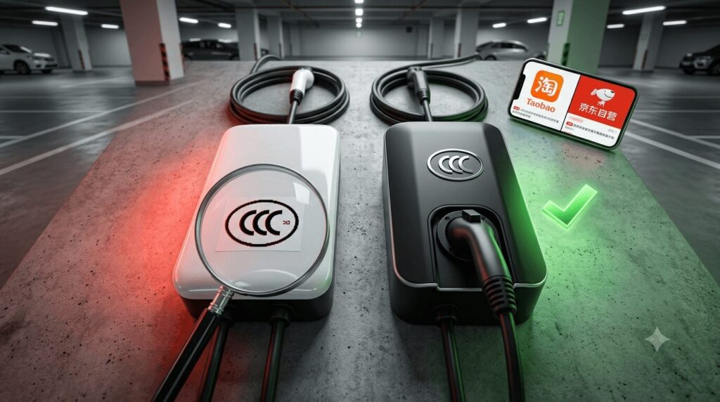 Side-by-side comparison of a counterfeit EV charger with a pixelated sticker logo versus a genuine EV charger with an embossed metallic logo, visually demonstrating the first physical clues for spotting fake 3C logos how Chinese buyers can verify certification on Taobao JD chargers.