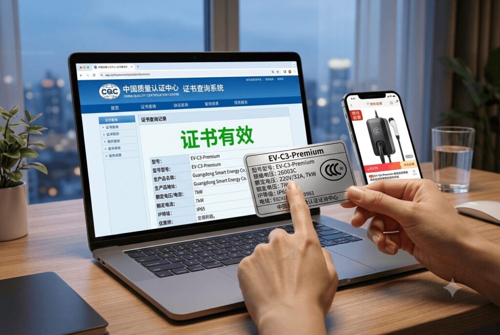Hands-on database verification showing a laptop with a valid CQC certificate record and the physical rating label from the charger, illustrating the definitive documentary check for spotting fake 3C logos how Chinese buyers can verify certification on Taobao JD chargers.