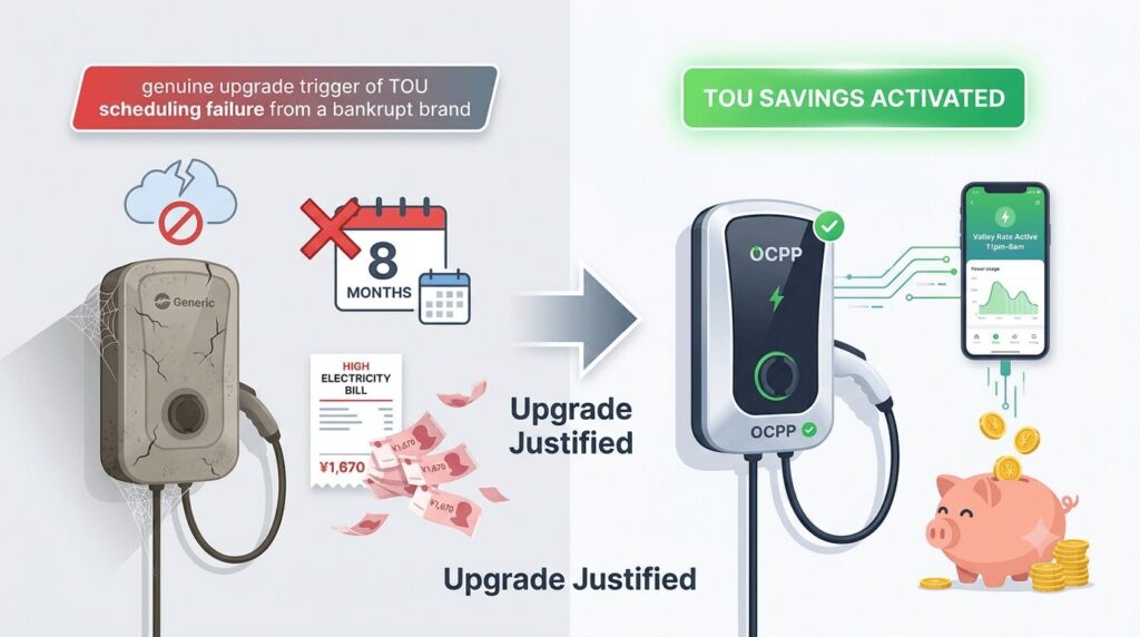 Split infographic contrasting a broken bankrupt-brand charger with a working TOU-smart replacement, showing the genuine financial impact—when to upgrade your EV charger signs your 2023 charger isn't ready for 2026's 800V cars is actually about failed cloud scheduling and lost savings, not 800V compatibility, and this visual proves the real payback calculation.