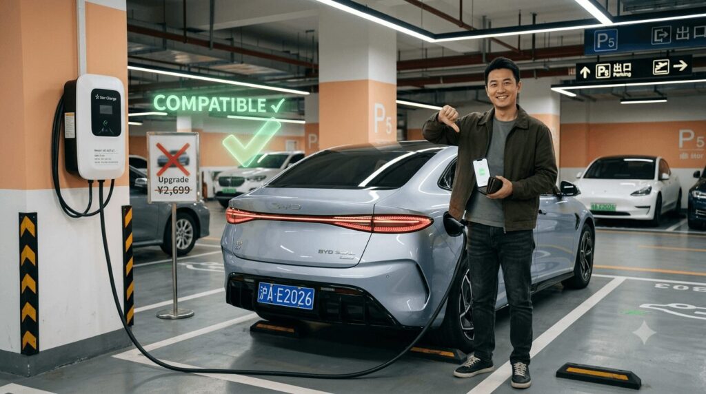 A 2023 home EV charger successfully charging a 2026 800V electric car in a Shanghai parking garage, with a green compatibility symbol, illustrating that when to upgrade your EV charger signs your 2023 charger isn't ready for 2026's 800V cars is a myth for most owners—the old charger works perfectly and upgrading wastes money.