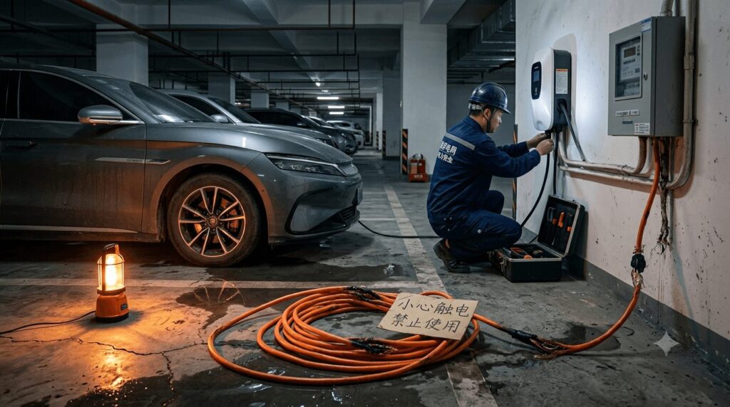 Featured image representing installation horror stories what Chinese DIYers did wrong and how to fix it, contrasting a dangerously melted extension cord on a wet carpark floor with a safe, professional wall-mounted EV charger installation.