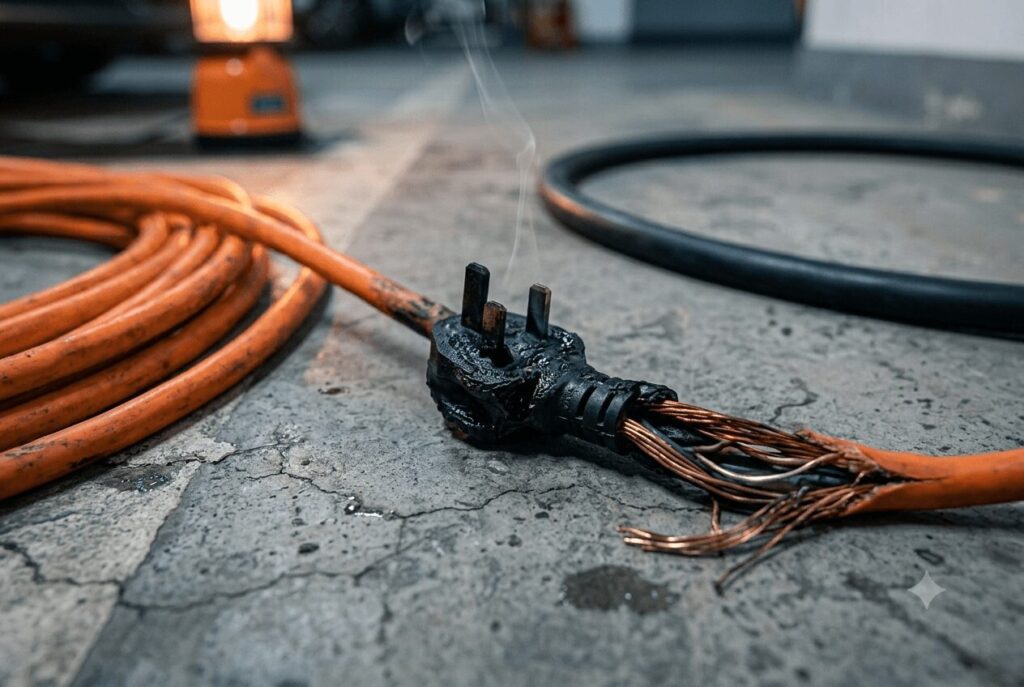 Close-up of a melted plug and burnt extension cord from installation horror stories what Chinese DIYers did wrong and how to fix it, showing the severe fire risk when undersized conductors are used for overnight EV charging in Chinese apartments.