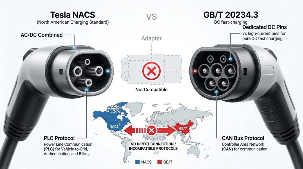NACS invasion are US Tesla chargers compatible with Chinese GB/T standards in 2026 - technical side-by-side comparison of NACS oval 3-pin connector and GB/T 9-pin DC connector showing PLC vs CAN bus protocol differences and the AC-only adapter limitation.