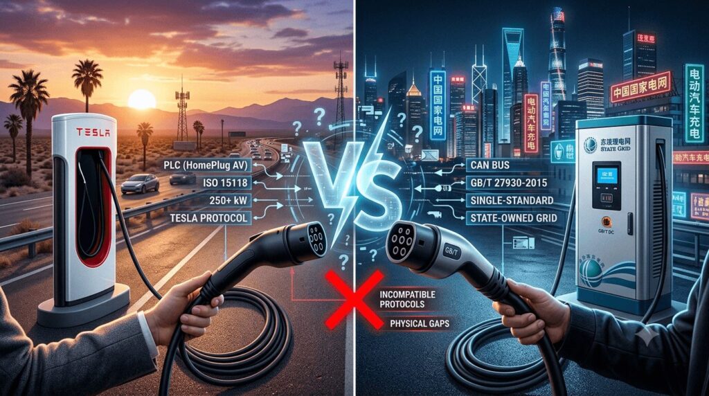 NACS invasion are US Tesla chargers compatible with Chinese GB/T standards in 2026 - split-screen visual showing a US Tesla Supercharger with NACS plug versus a Chinese GB/T DC station in Shanghai, highlighting physical and protocol incompatibility.