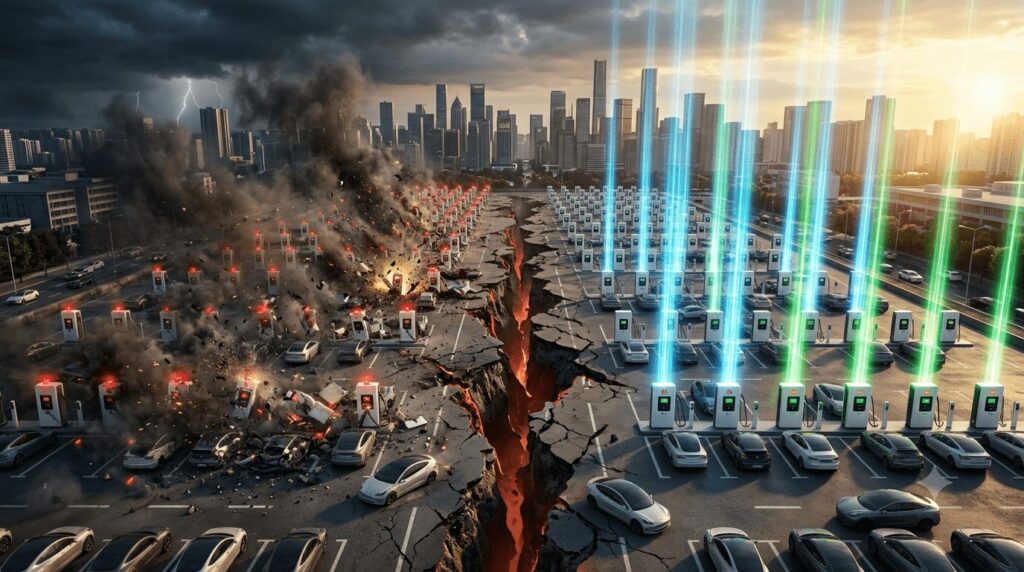 Featured image for the great shakeout why 80 percent of Chinese EV charger manufacturers face elimination in 2026—a dramatic aerial scene showing 80% of charger units collapsing into rubble while a resilient 20% stand illuminated, symbolizing the market consolidation and survival of only the strongest brands.