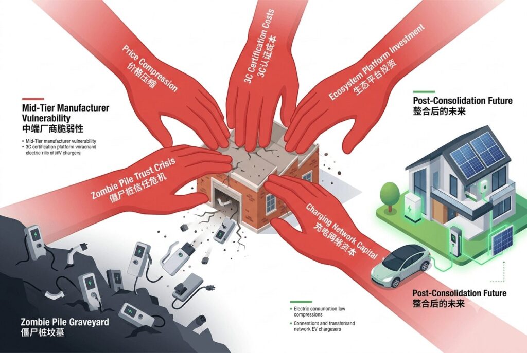 Body image illustrating the great shakeout why 80 percent of Chinese EV charger manufacturers face elimination in 2026—depicting the five structural forces (price, certification, ecosystem, zombie trust, and network capital) squeezing vulnerable mid-tier factories, contrasted with the smart-home ecosystem of surviving brands.