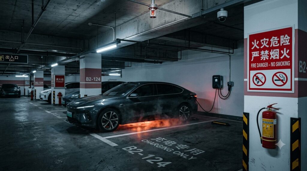 Fire safety and EV charging what Chinese homeowners need to know about indoor parking risks - featured banner showing an EV charging in a modern underground garage with a thermal runaway warning glow beneath the battery and visible fire suppression equipment.