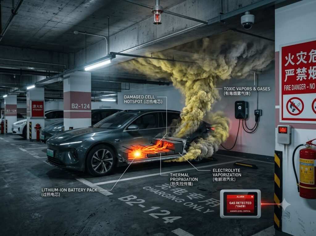 Fire safety and EV charging what Chinese homeowners need to know about indoor parking risks - detailed body image illustrating an EV battery thermal runaway event with toxic gas release and a gas detector alert inside a confined underground parking garage.