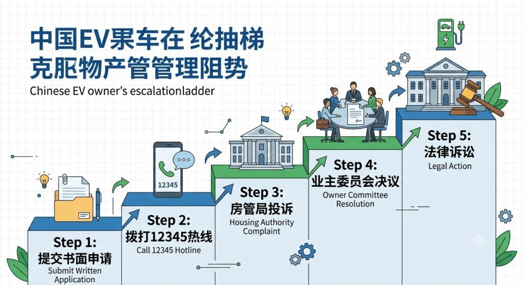 HOA obstruction how to sue or convince your property management in China — An infographic showing the five-step escalation ladder for EV owners facing 物业 resistance: written formal application, 12345 government hotline complaint, housing authority formal complaint, owner committee resolution, and legal action. This visual guide helps Chinese EV owners understand the complete pathway from persuasion to litigation when property management obstructs home EV charger installation.