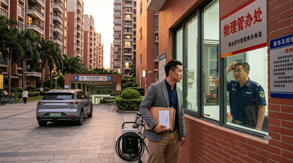 HOA obstruction how to sue or convince your property management in China — A determined Chinese EV owner holds legal documents outside a property management office at a modern residential compound, illustrating the legal rights and negotiation strategies covered in this complete guide to overcoming 物业 resistance for home EV charging installation.