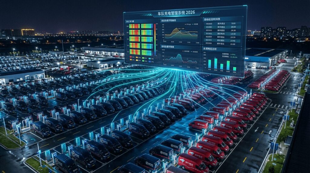 Fleet manager analysing multi-depot charging data and departure assurance metrics on a large screen, demonstrating the operational use of fleet charging management 2026 software for Chinese logistics companies JD.com SF Express to optimise shift schedules and grid capacity in real-time.
