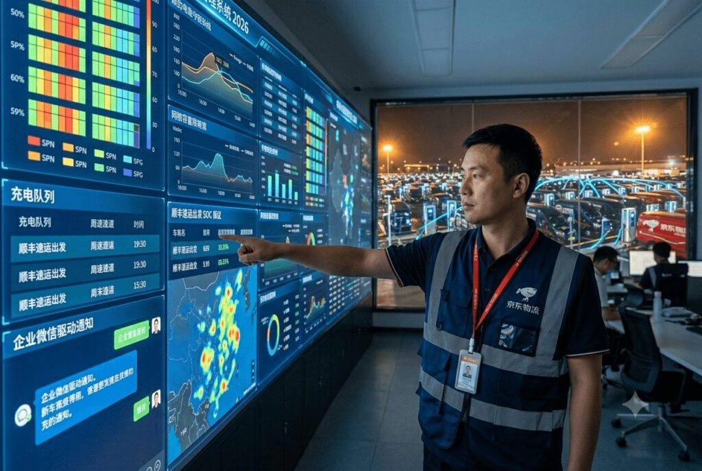 Featured image showing a futuristic Chinese logistics depot with JD.com and SF Express EV fleets, overlaid with a holographic data dashboard for fleet charging management 2026 software for Chinese logistics companies JD.com SF Express, displaying real-time SOC, load balancing, and departure schedules.
