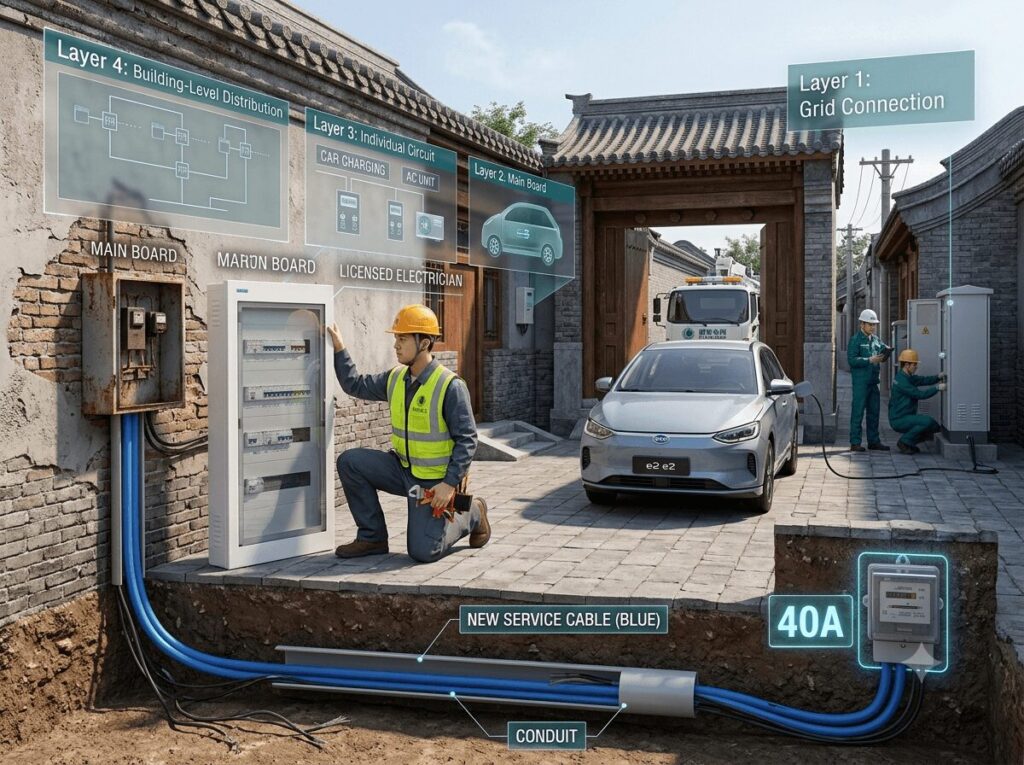 An infographic-style illustration supporting the upgrading your home power capacity guide for old Beijing hutongs vs new Shanghai apartments, depicting a licensed electrician upgrading the electrical panel inside a hutong courtyard, while State Grid engineers work on the grid connection and transformer outside, with the four critical layers of the electrical infrastructure clearly labeled.